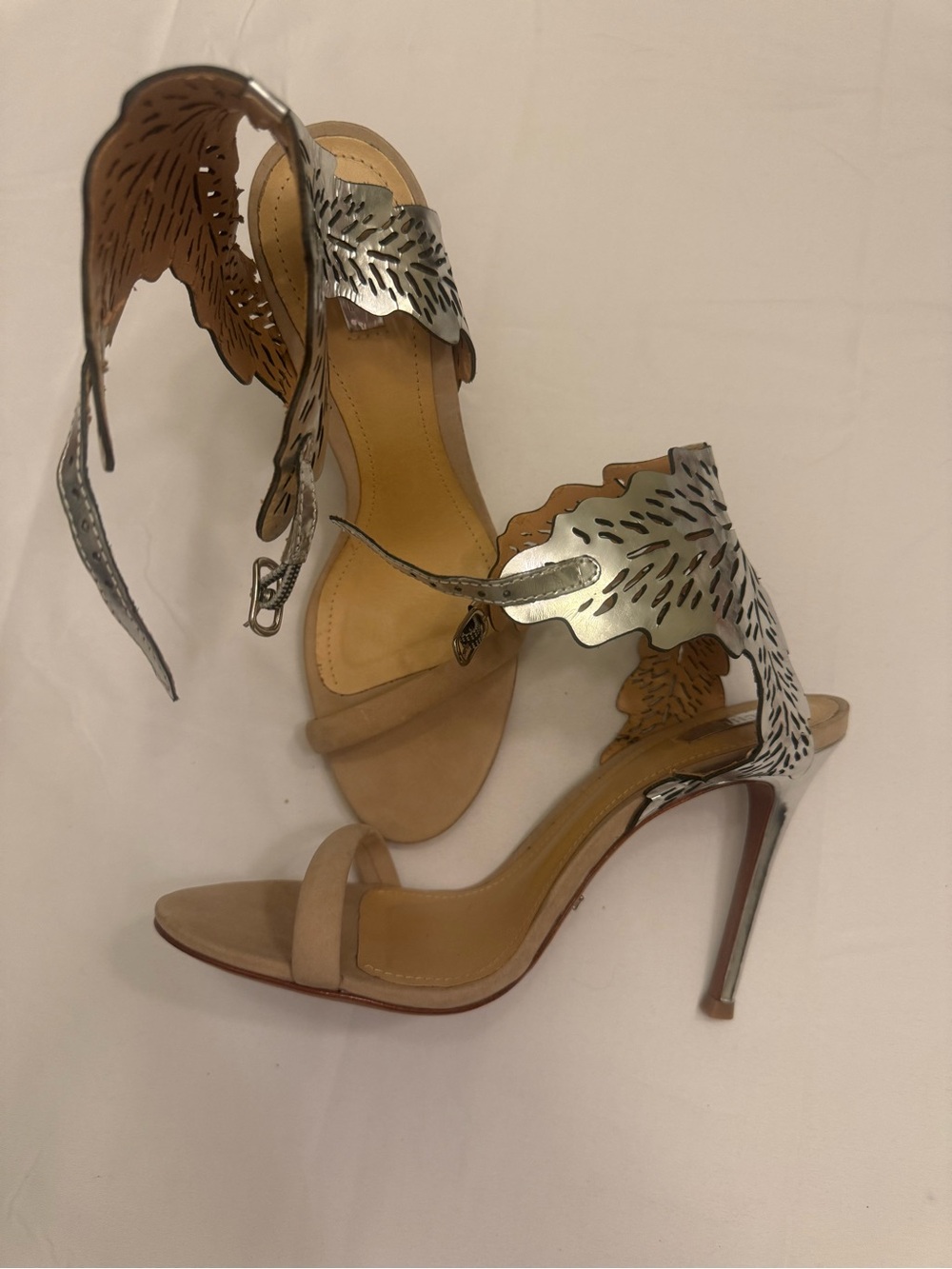 SCHUTZ Nude Suede Heels with Silver Leaf Accents